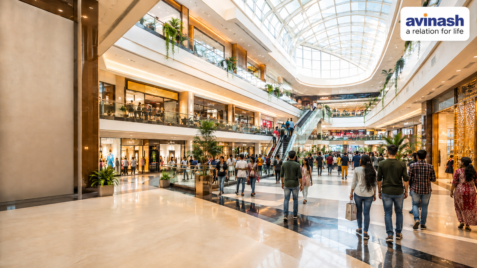 Bright multi-floor shopping atrium inside Avinash Magneto Mall Raipur