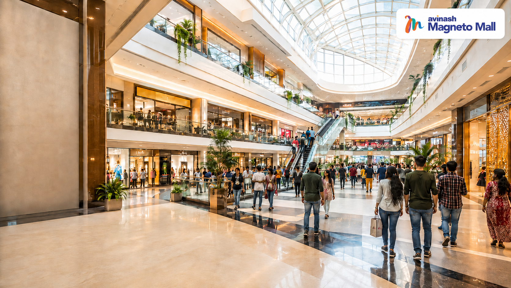 Bright multi-floor shopping atrium inside Avinash Magneto Mall Raipur